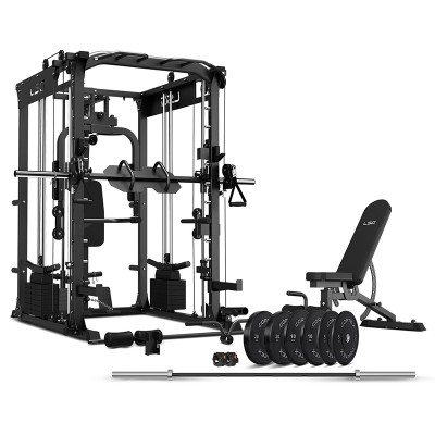 LSG GRK200 10-in-1 Home Gym Station, Power Rack, Smith Machine and Cable Crossover + 90kg Olympic Barbell & Bumper Plate Set