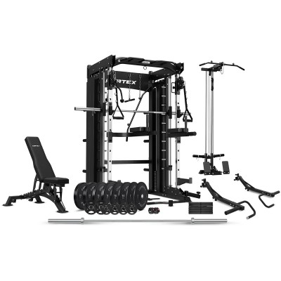 Lifespan CORTEX SM-26 6-in-1 Power Rack with Dual Stack Smith & Cable Machine + Jammer Arms + 2x 30kg Weights Add On + BN-9 Bench + Ultimate Olympic Bumper Weight Plate & Barbell Package