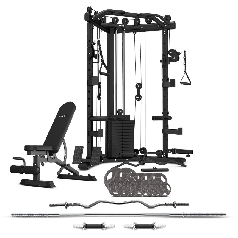 LSG GRK-110 Space Saving Multi-Function Rack with 74kg Cable Crossover + FID Bench + 90kg Standard Weight Package LSG GRK-110 Space Saving Multi-Function Rack with 74kg Cable Crossover + FID Bench + 90kg Standard Weight Package