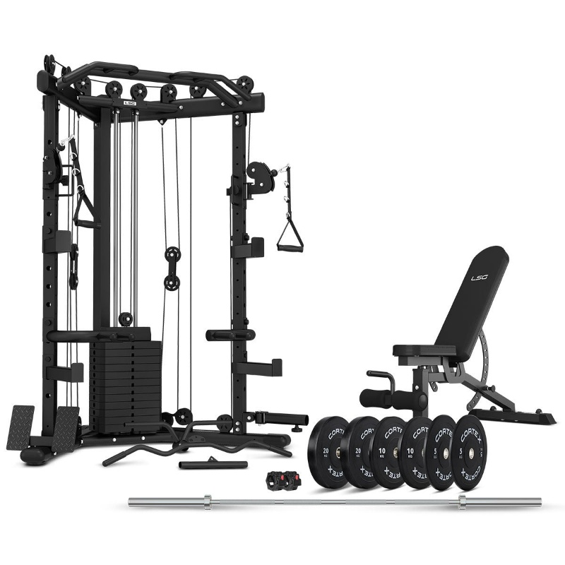 LSG GRK-110 Space Saving Multi-Function Rack with 74kg Cable Crossover + FID Bench + 90kg Olympic Bumper Weight Package LSG GRK-110 Space Saving Multi-Function Rack with 74kg Cable Crossover + FID Bench + 90kg Olympic Bumper Weight Package
