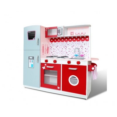 Keezi Kids Wooden Kitchen Play Set with Fridge - Pink & Red